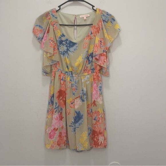 Dresses & Skirts - Margo and Sebastian Tan Floral Cap Sleeve Scoop Neck Mini Dress Size XS